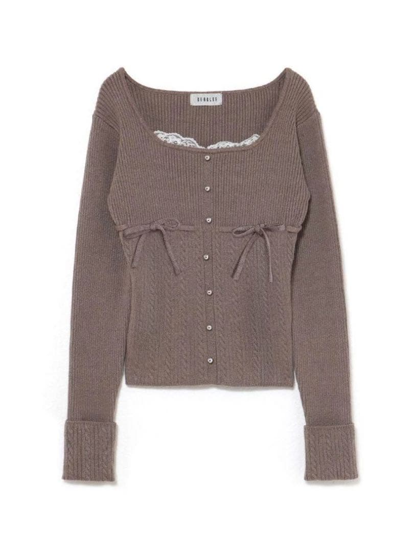 BUBBLES リボンケーブルニットトップス　ブラウン