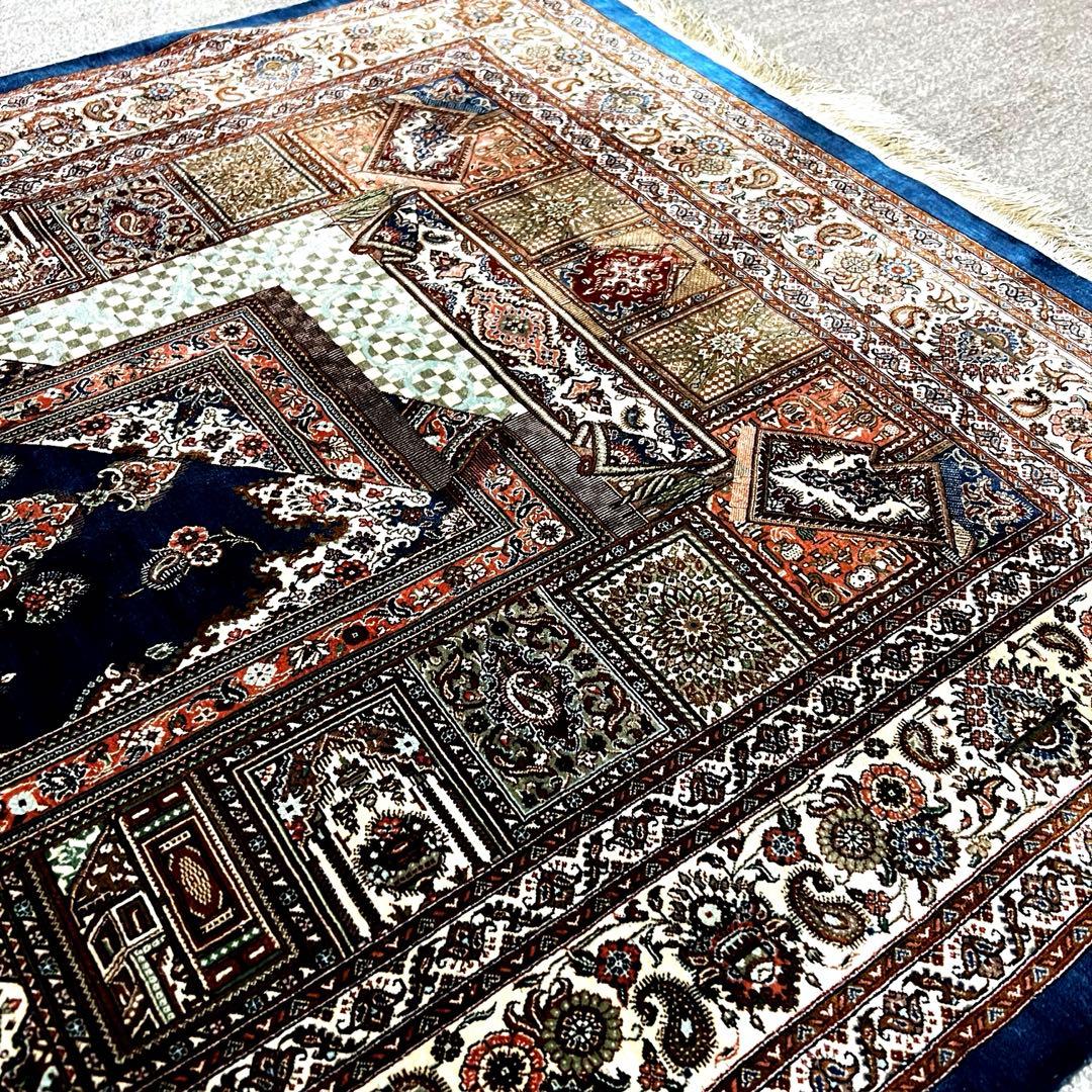 【ペルシャ絨毯】最高級 ジャムシディ クム産 シルク 本物 手織り 高密度 青色