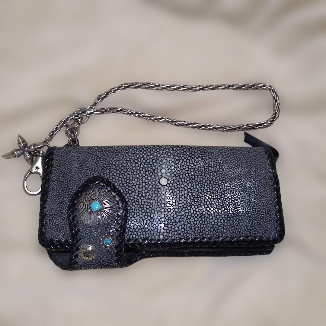 高級品 スティングレイ バイカーズウォレット Silver925 エイ革 長財布