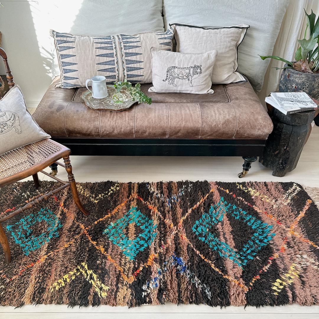 モロッコ ヴィンテージラグ141 レア ブラウン ターコイズ オレンジ イエロー