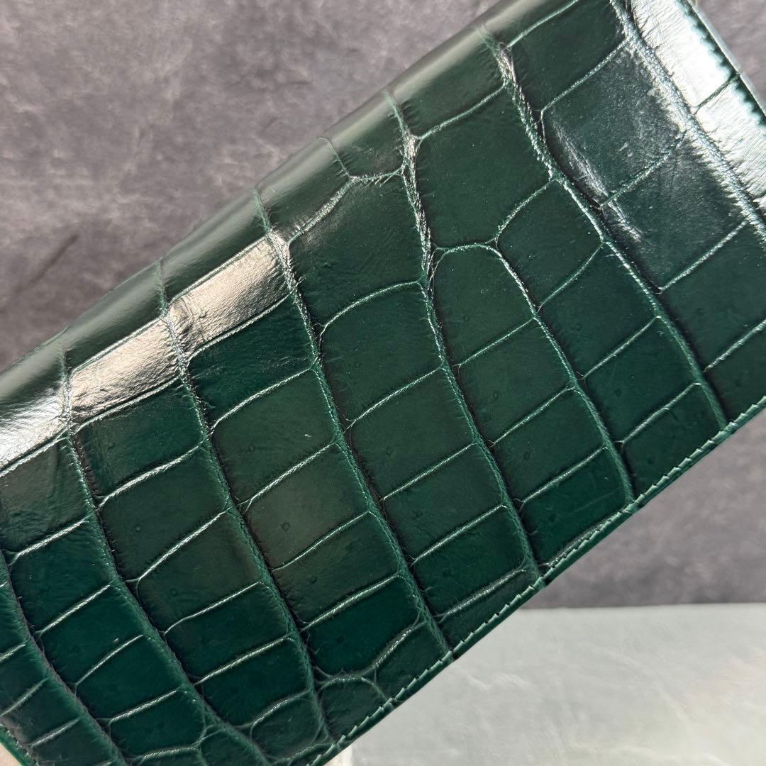 クロコダイル 長財布 ダークグリーン 緑 希少 マット仕上げ シルバーファスナー