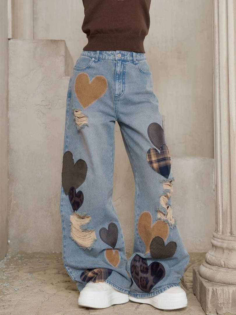 Darich ランダムハートパッチワークデニムパンツ