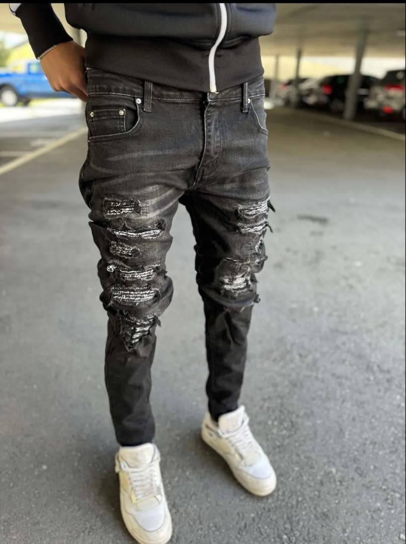 US UK drip HIPHOP スリムフィットダメージジーンズ 黒