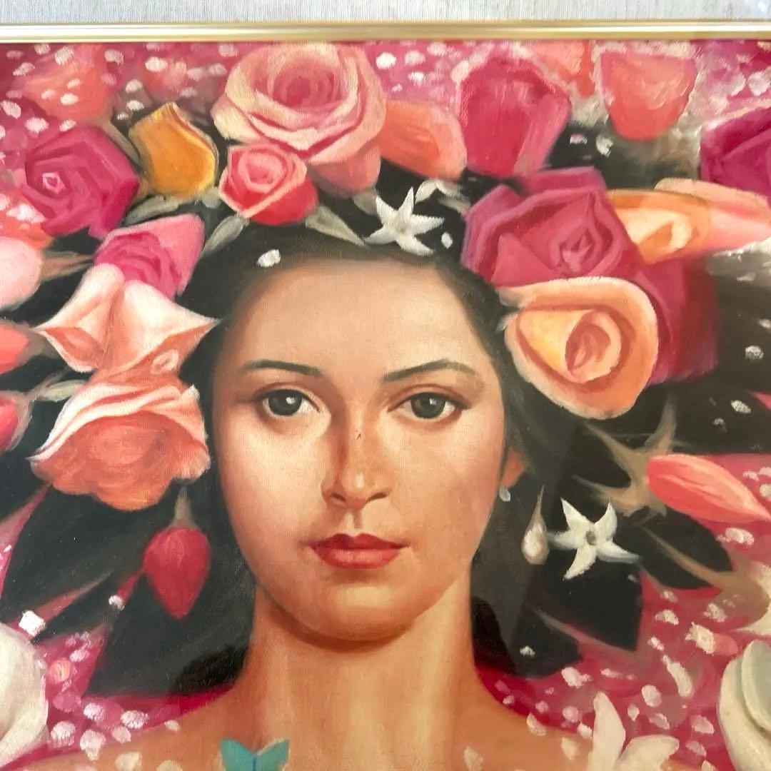 （値下げしました） 花と蝶の女性　油絵　絵画　ピンク