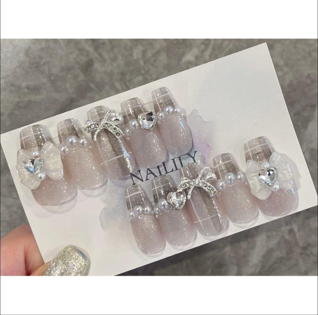 ネイルチップ マグネット チェック リボン ガーリー 韓国 量産型 地雷系