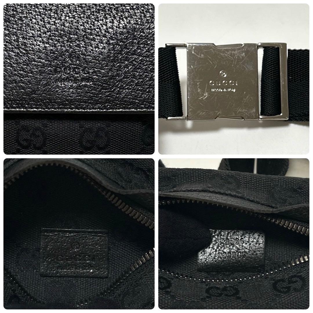 t61【美品】グッチ　GGキャンバス レザー　ブラックウエストポーチショルダー.