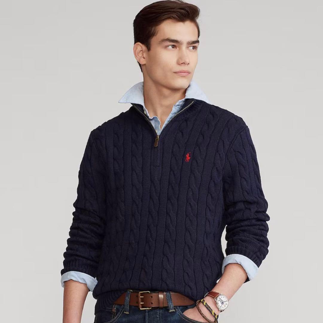 新品未使用 ポロラルフローレン ハーフジップ ケーブルニット M 紺 ネイビー