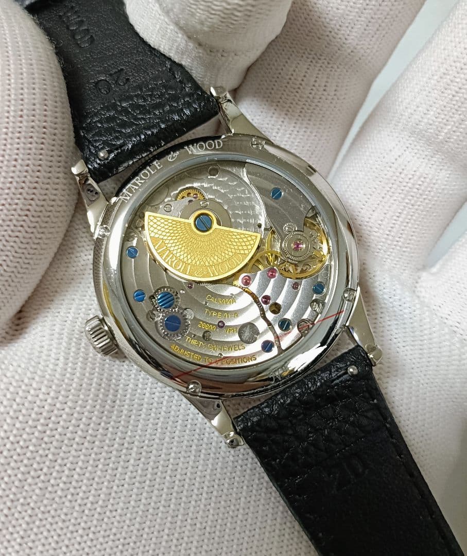 未使用！希少！MAROLE&WOOD自動巻き時計 ブルー文字盤　箱、ギャラ付き