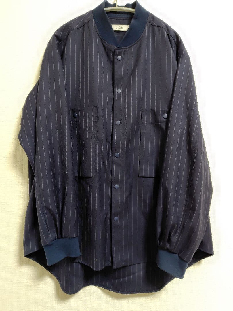 Ujoh ウジョー　ウール　ストライプシャツ　ネイビー　２　ブルゾン　長袖