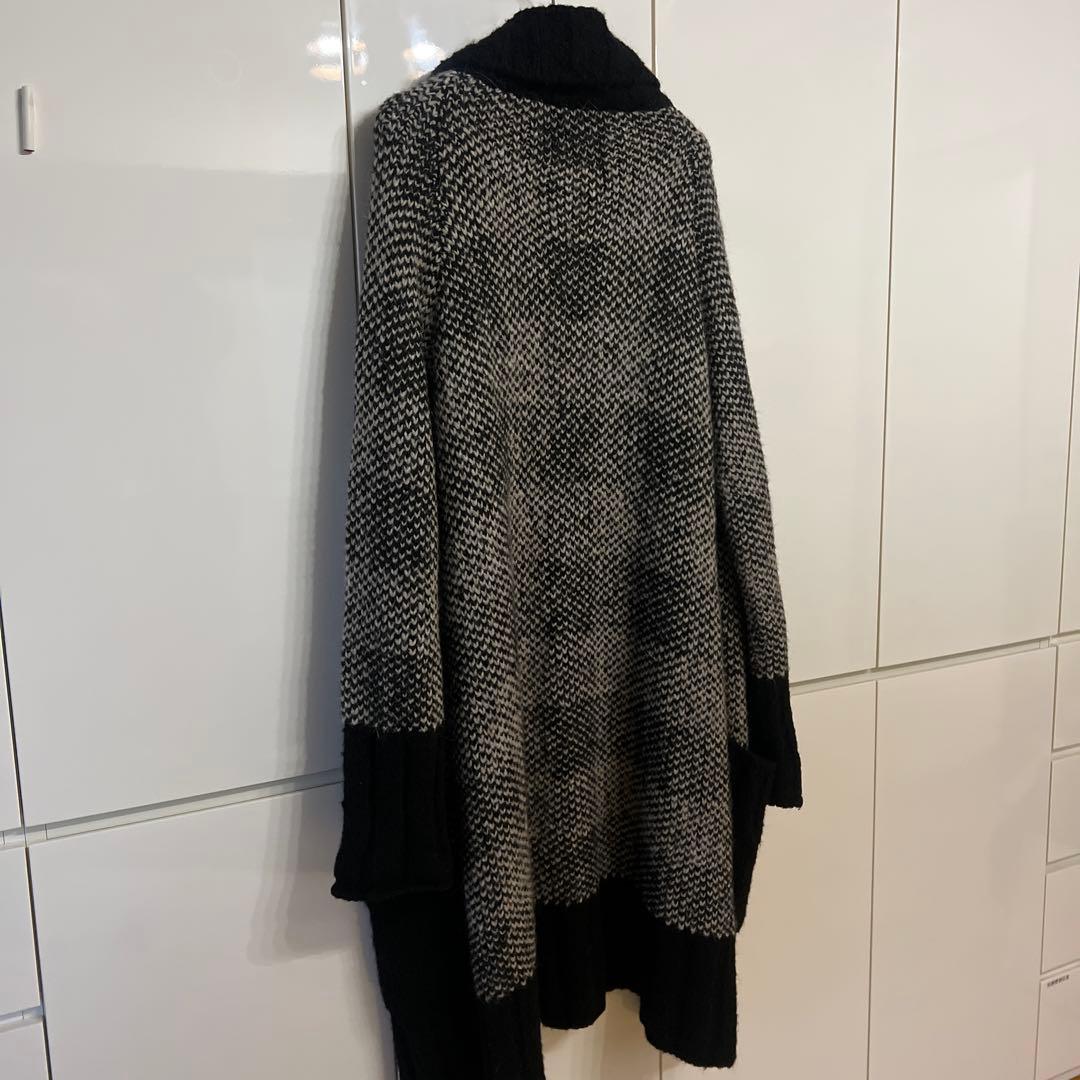 GroudY ロングニットカーディガン 黒とグレー チェック柄