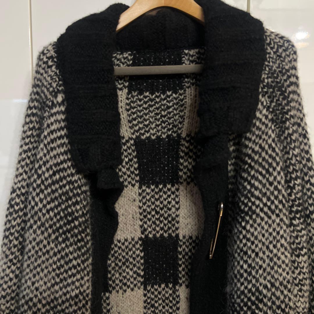 GroudY ロングニットカーディガン 黒とグレー チェック柄