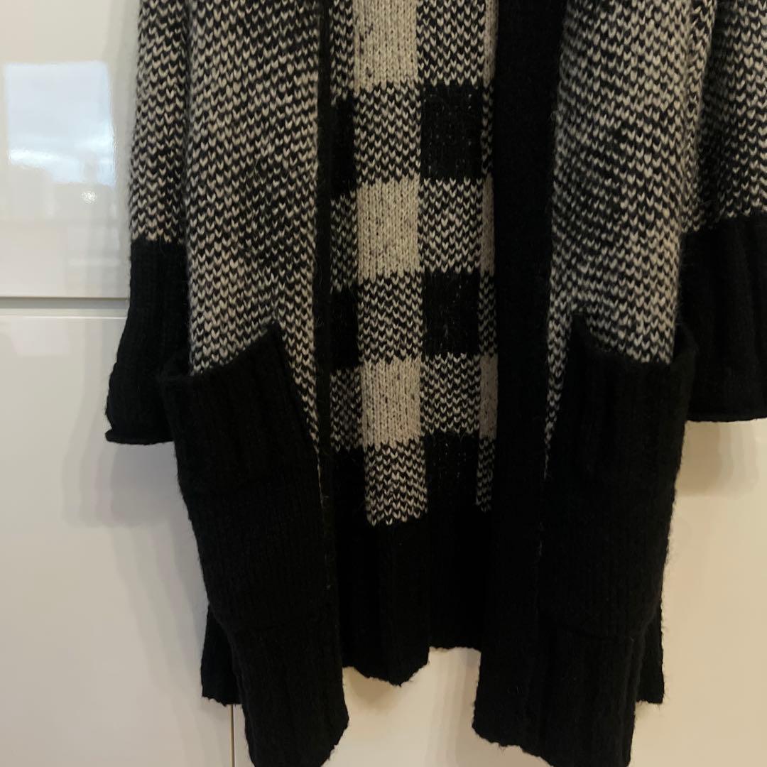 GroudY ロングニットカーディガン 黒とグレー チェック柄