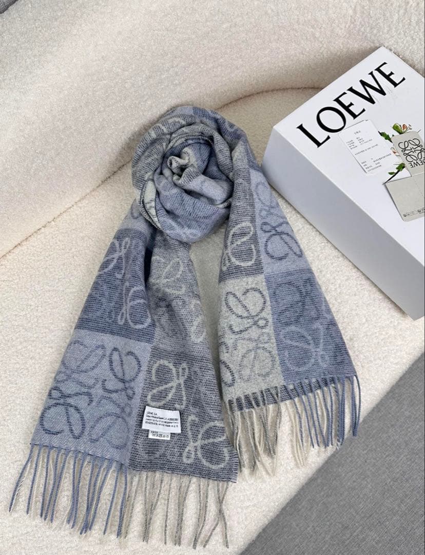 LOEWE チェックデザインウールスカーフ グレー＆ブルー