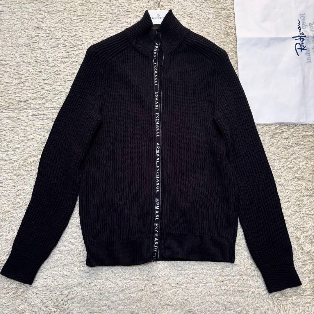 希少サイズL アルマーニ ドライバーズニット 太め リブ 高級ジップ ロゴ 黒