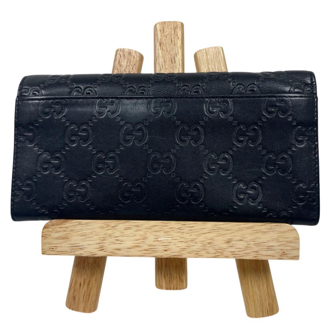 グッチ　ロゴプレート 長財布　GGシマレザー　エンボス加工　本革　ブラック　美品
