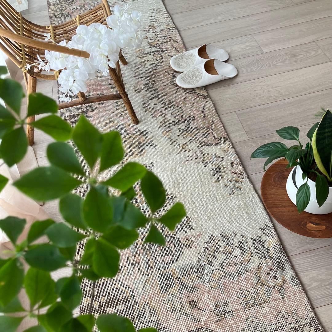 カフェオレ59×216ピンク　ブラウン　超ロングランナー　トルコヴィンテージラグ