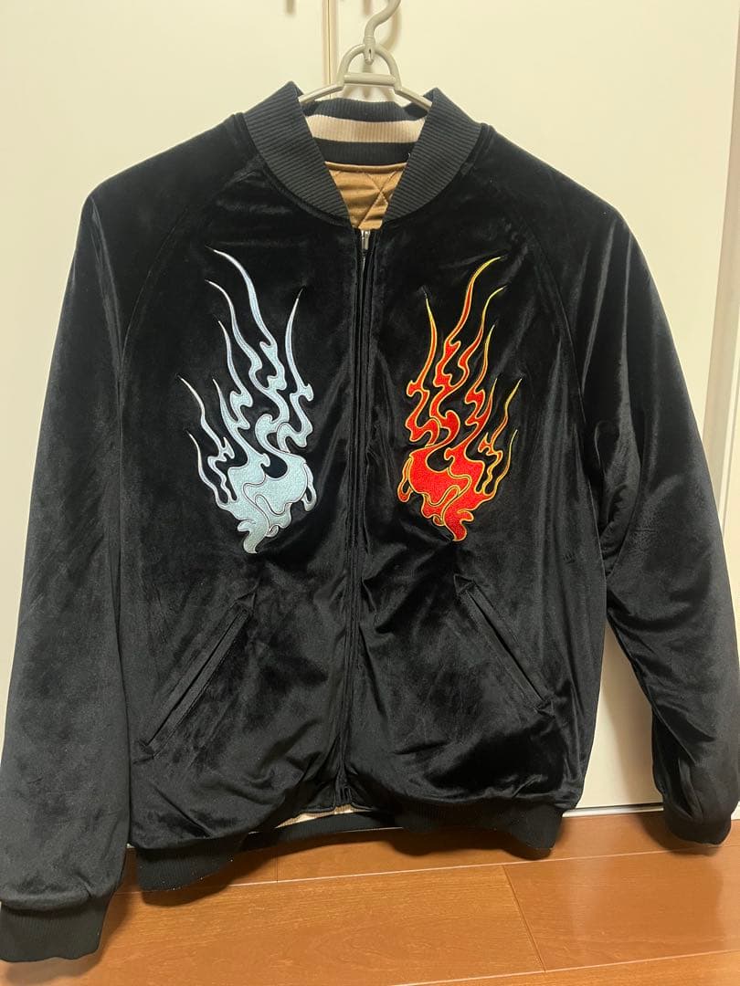 リバーシブルスカジャン ブラック 炎デザイン ベルベット
