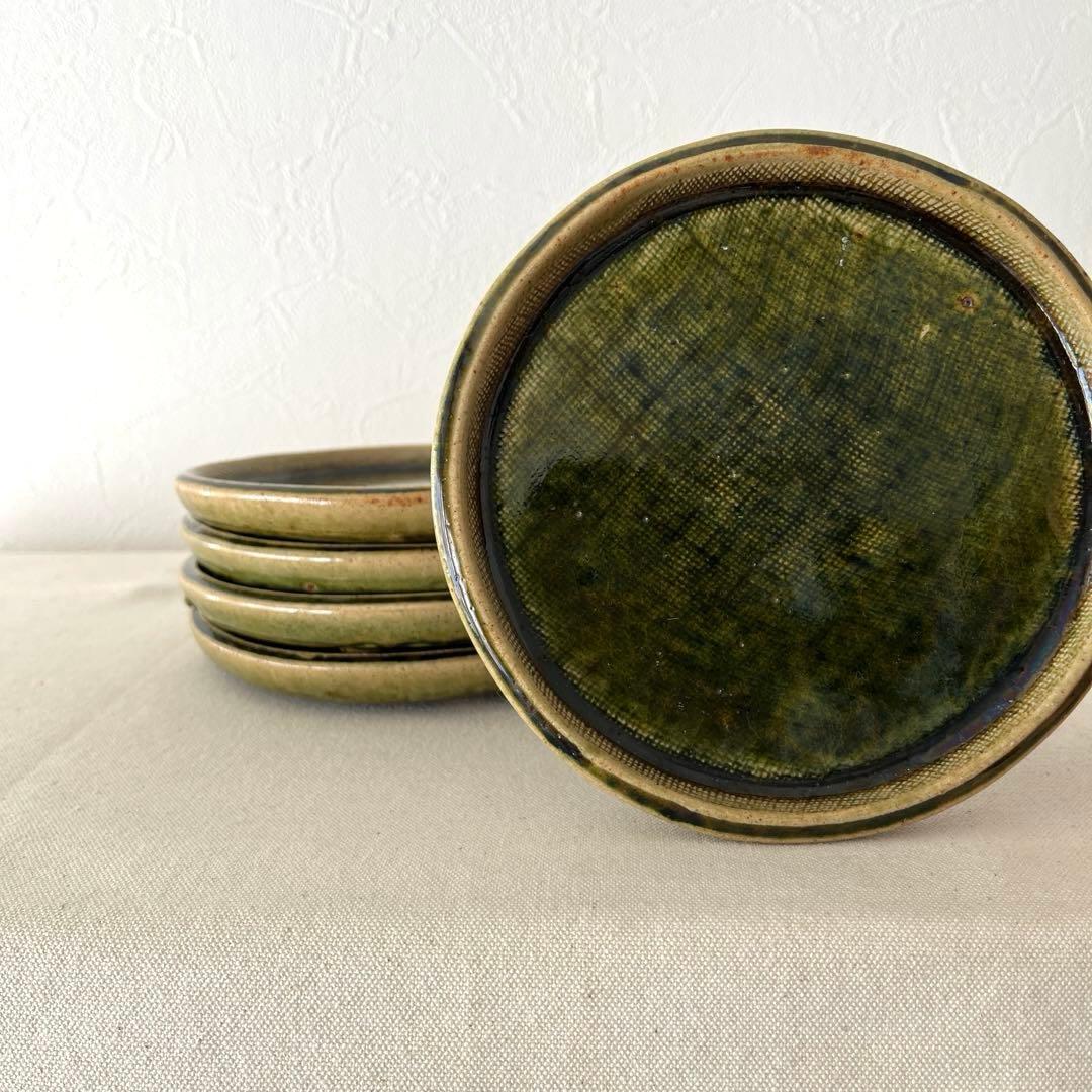 M787 ○織部焼　作家さん　丸プレート【5枚】未使用