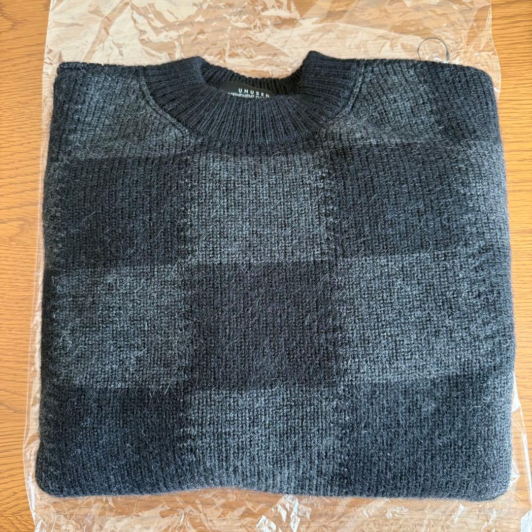 【美品・3】UNUSED チェッカーフラッグ クルーネック セーター ニット 黒