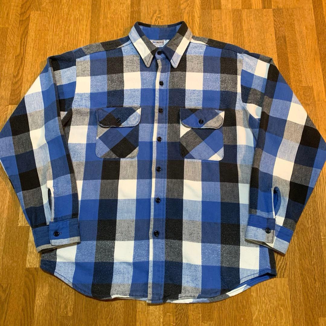 80s FIVE BROTHER チェック ネルシャツ ブラック ブルー