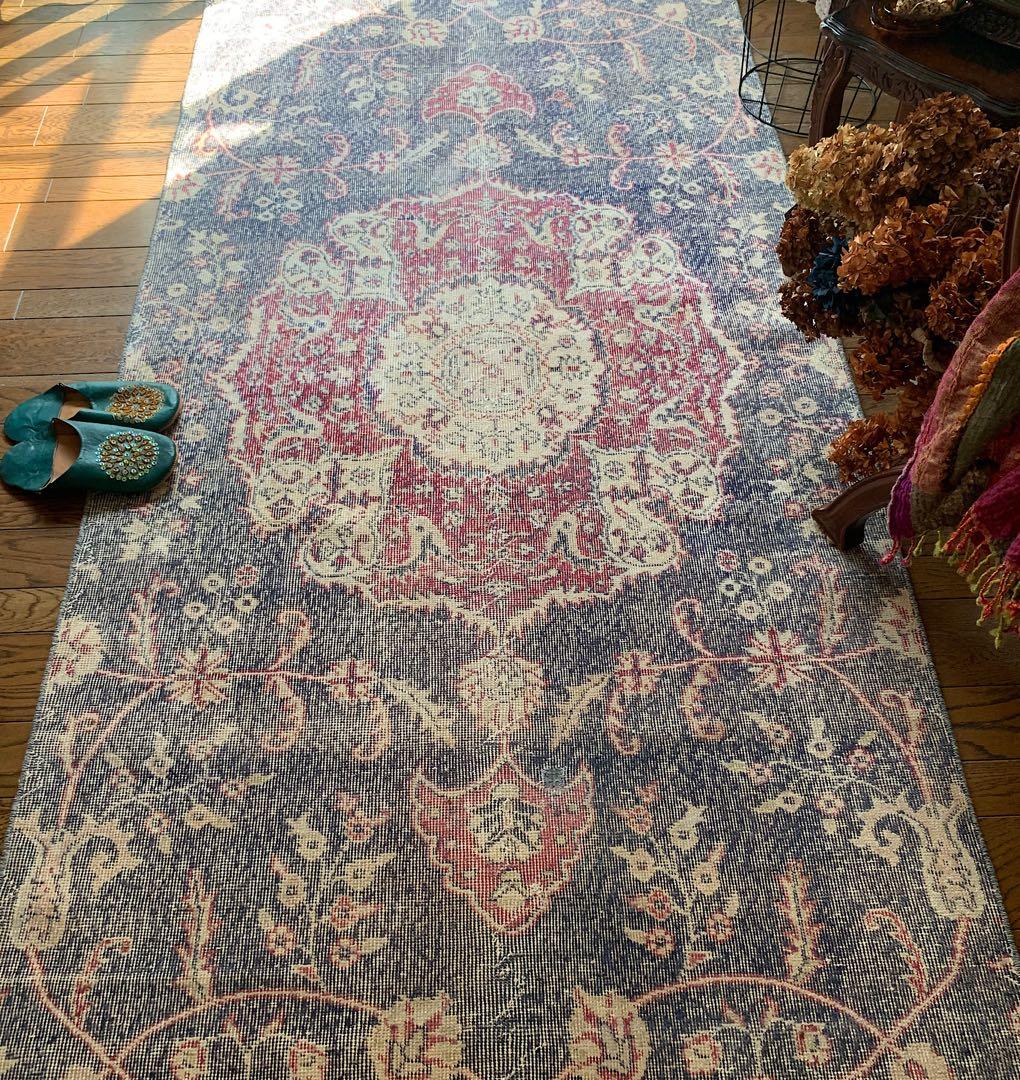 大判　ロング　251×112 トルコヴィンテージラグ　インディゴ　ローズレッド