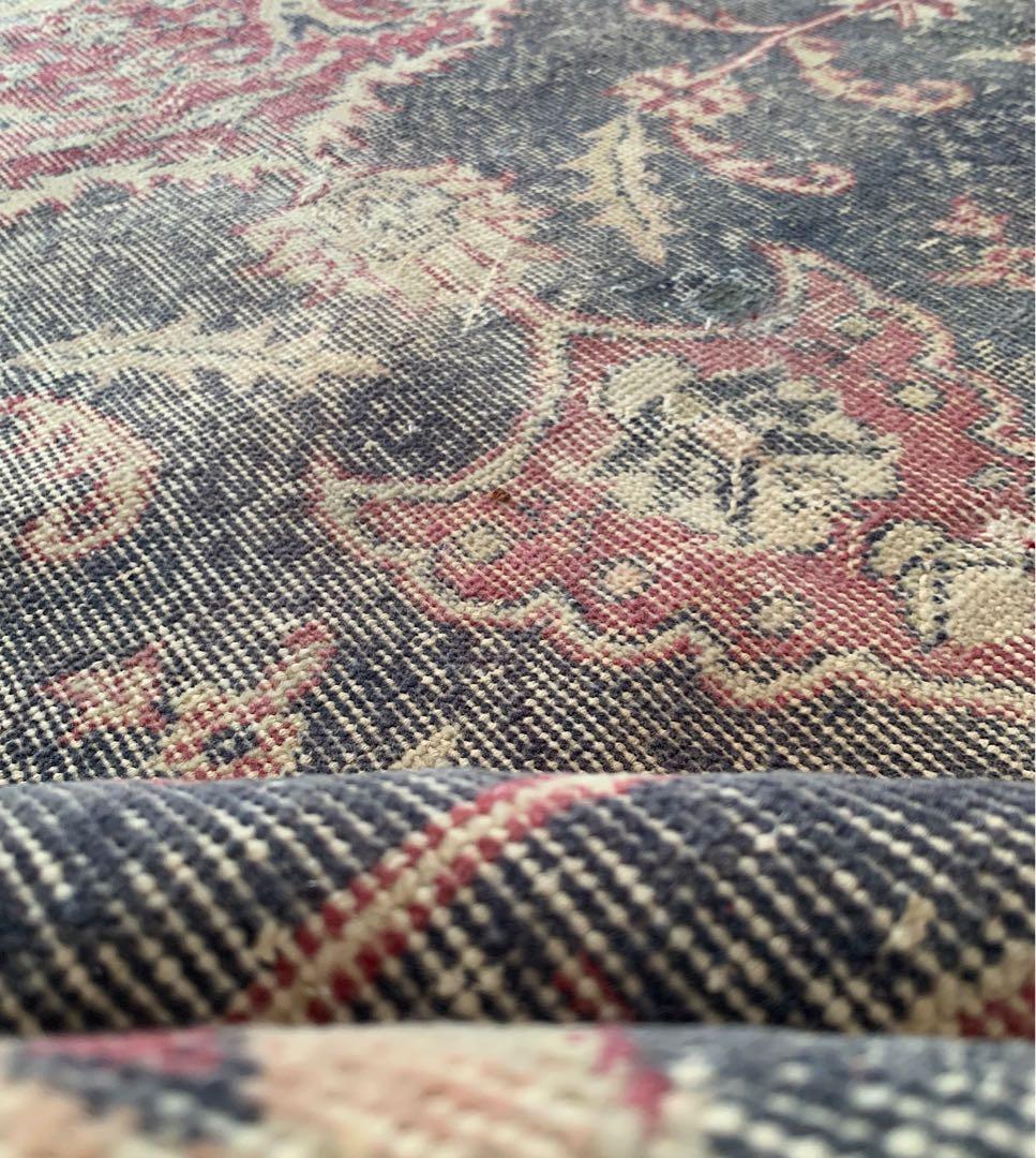 大判　ロング　251×112 トルコヴィンテージラグ　インディゴ　ローズレッド