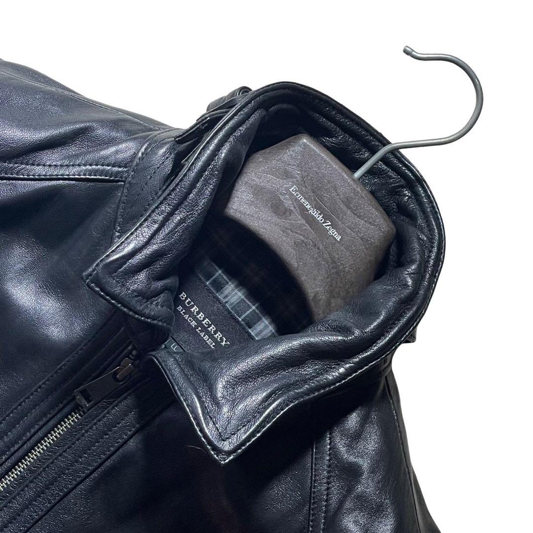 ①希少XLサイズ バーバリーブラックレーベル ライダース レザージャケット 黒