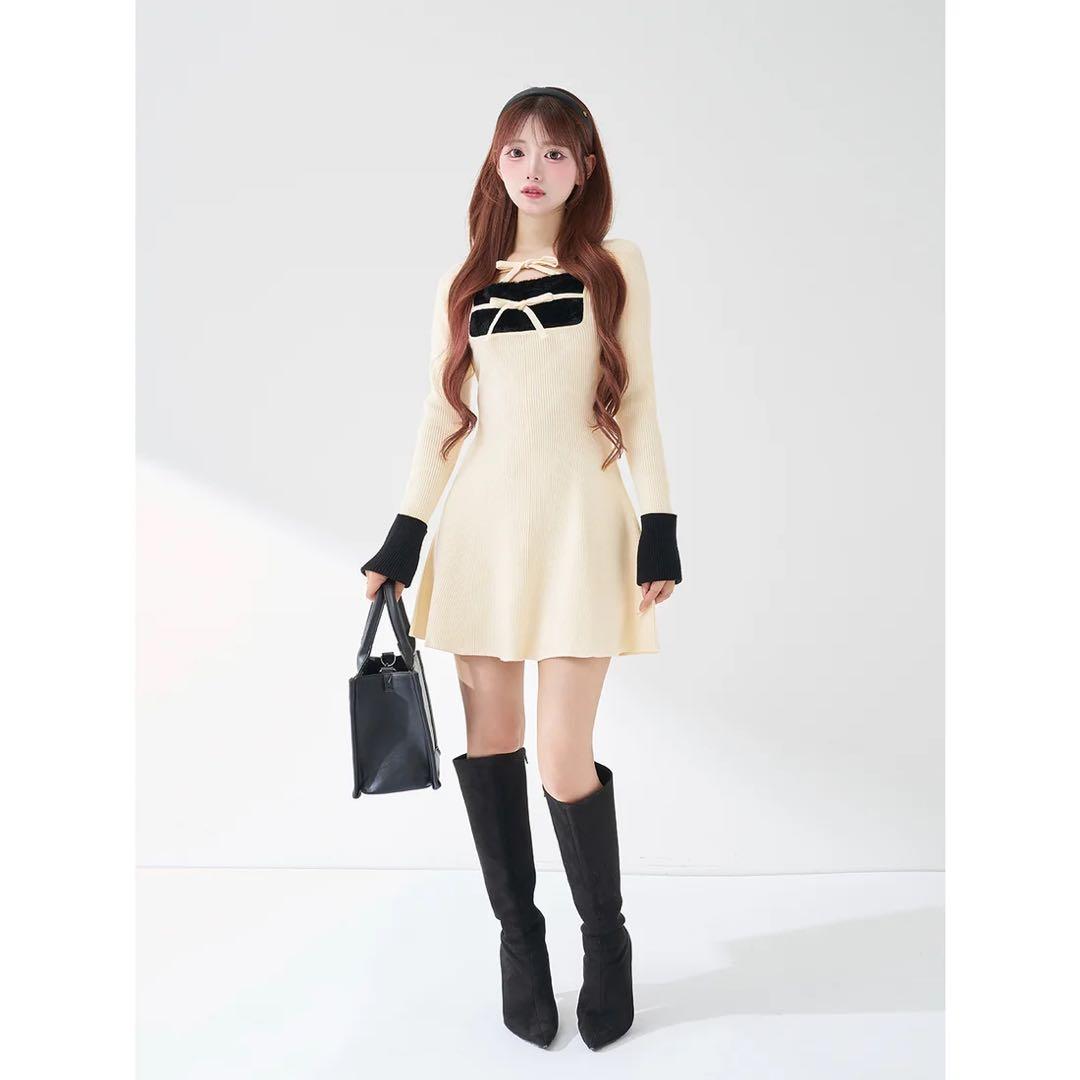 新品タグ付き ダーリッチ リボンファーフレアニットミニワンピース アイボリー