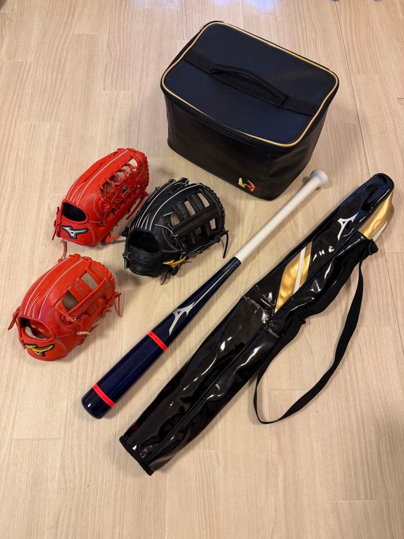 ミズノ軟式グラブ内野1 外野2 右投げ＋木製バット＋グラブケース＋バットケース