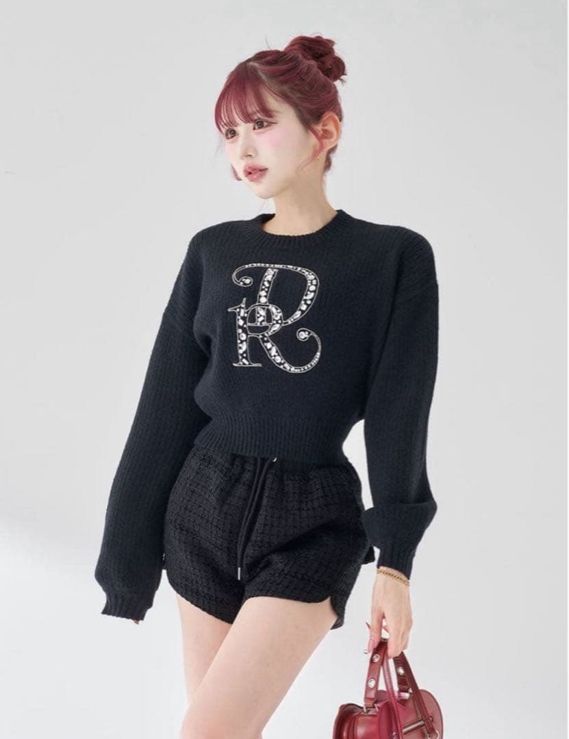 ダーリッチ DRビジューボリュームリブニットトップス　ブラック