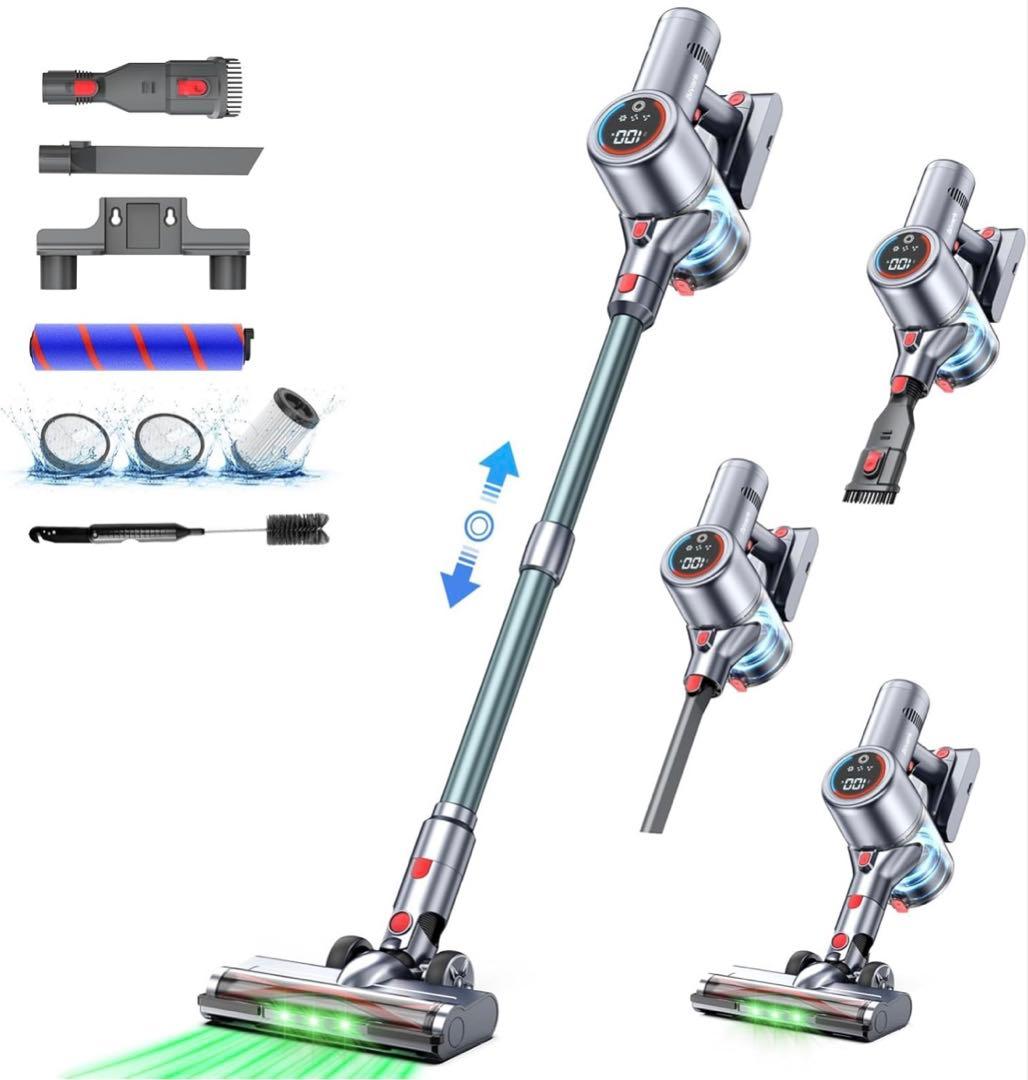 掃除機　50Kpa強力吸引　65分連続稼働　自立式 コードレス　グリーンライト