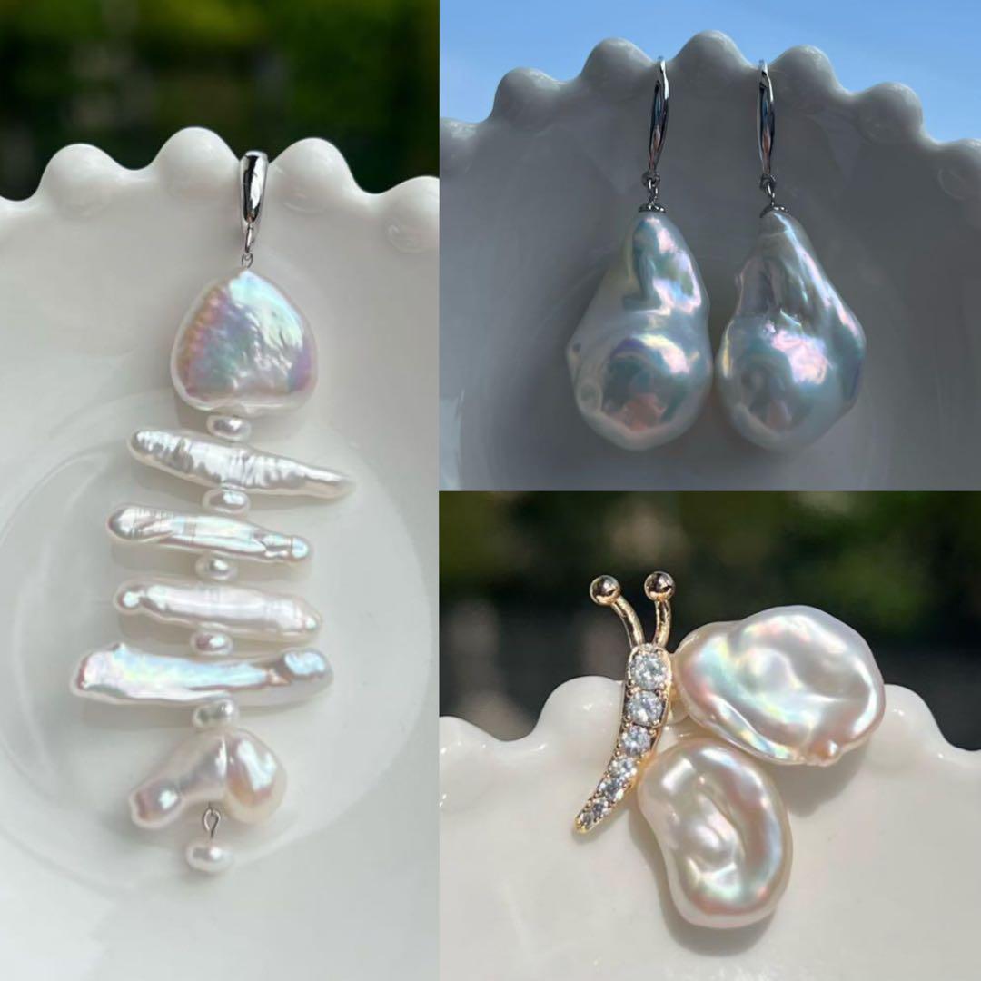 葉子様3点まとめ商品オイスターパールフックピアス　ペンダントトップ　蝶々ブローチ