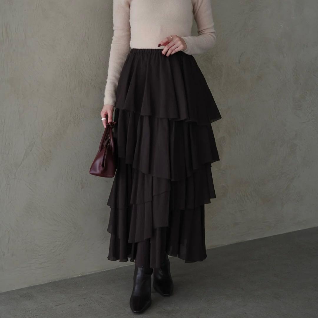 【新品タグ付き】anuans コットンクレープティアードスカートS /BROWN