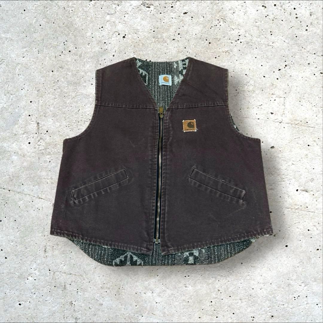 carhartt 90s ダークブラウン ダックベスト　ネイティブ柄　幾何学模様