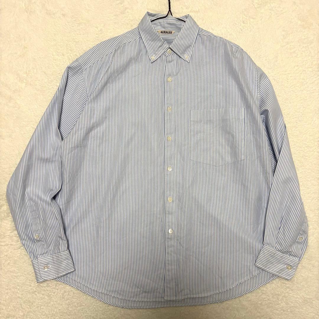 AURALEE オックスフォードBDシャツ ストライプ 4 ブルー × ホワイト