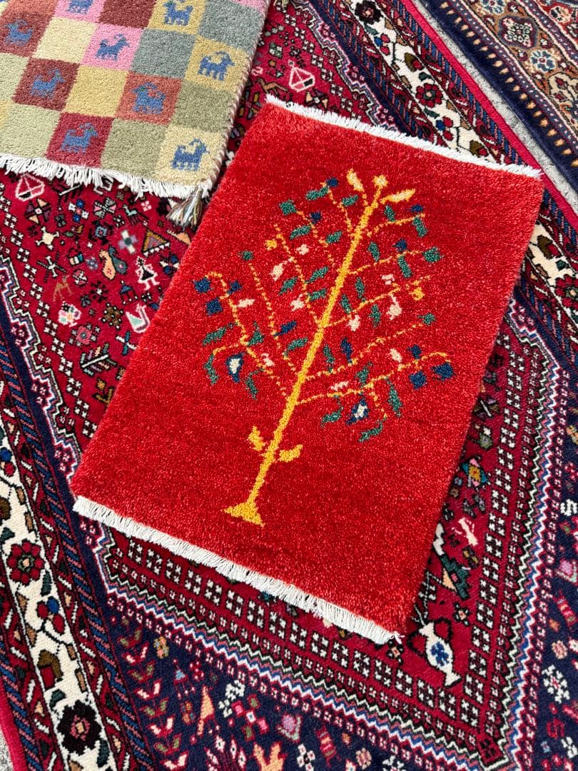 光*様 イラン製 手織りギャッベ 3枚セット 緑×ベージュ×赤 幸せの木 ウール