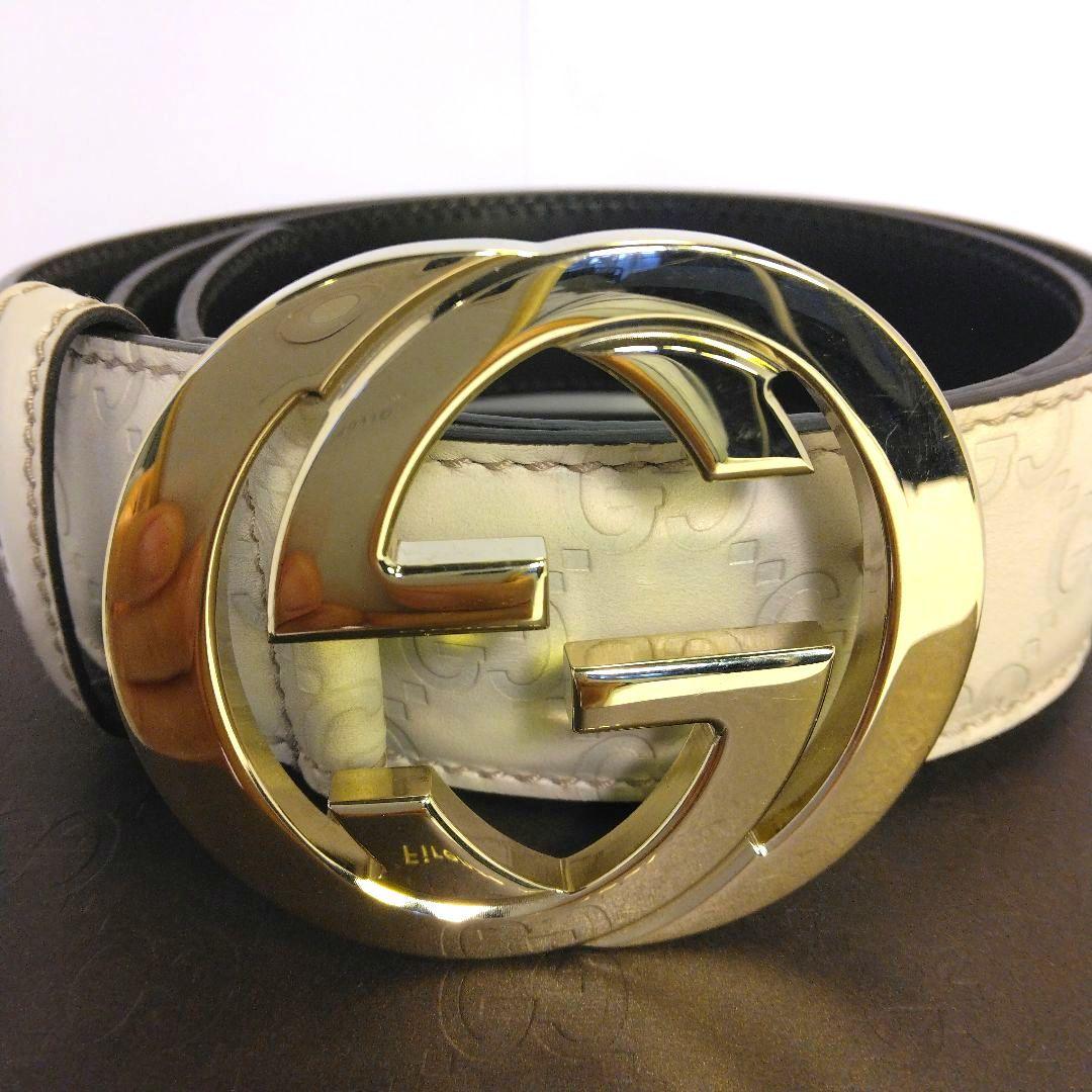 GUCCI　シマインターロッキング レザー 　GGロゴバックル ベルト ホワイト