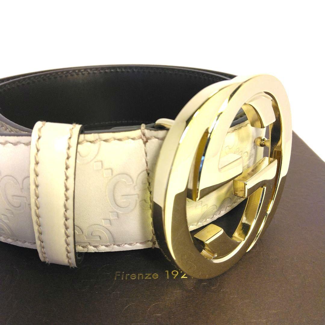 GUCCI　シマインターロッキング レザー 　GGロゴバックル ベルト ホワイト