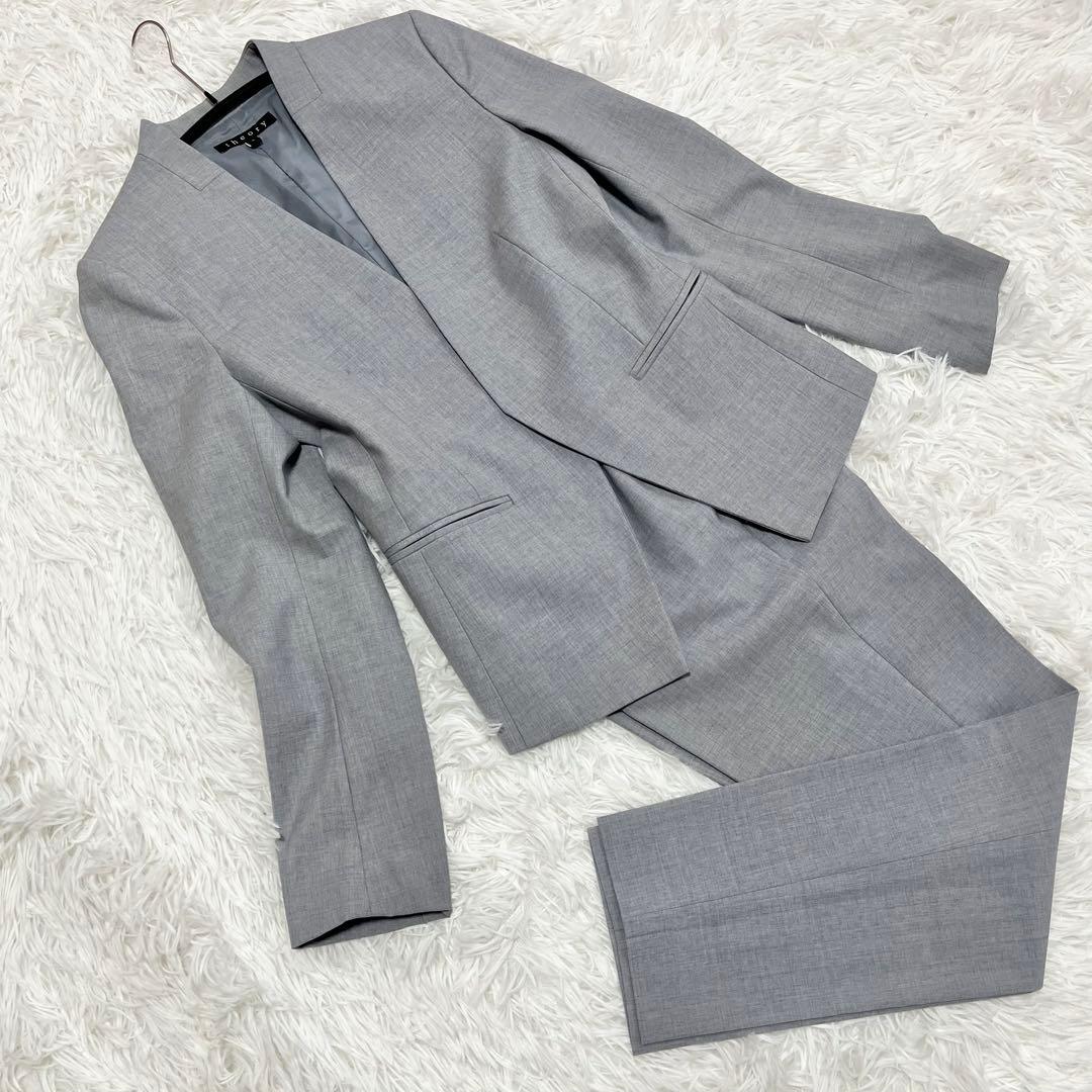 【美品】　セオリー　LANAI　TAILOR　パンツスーツ　ノーカラー　グレー