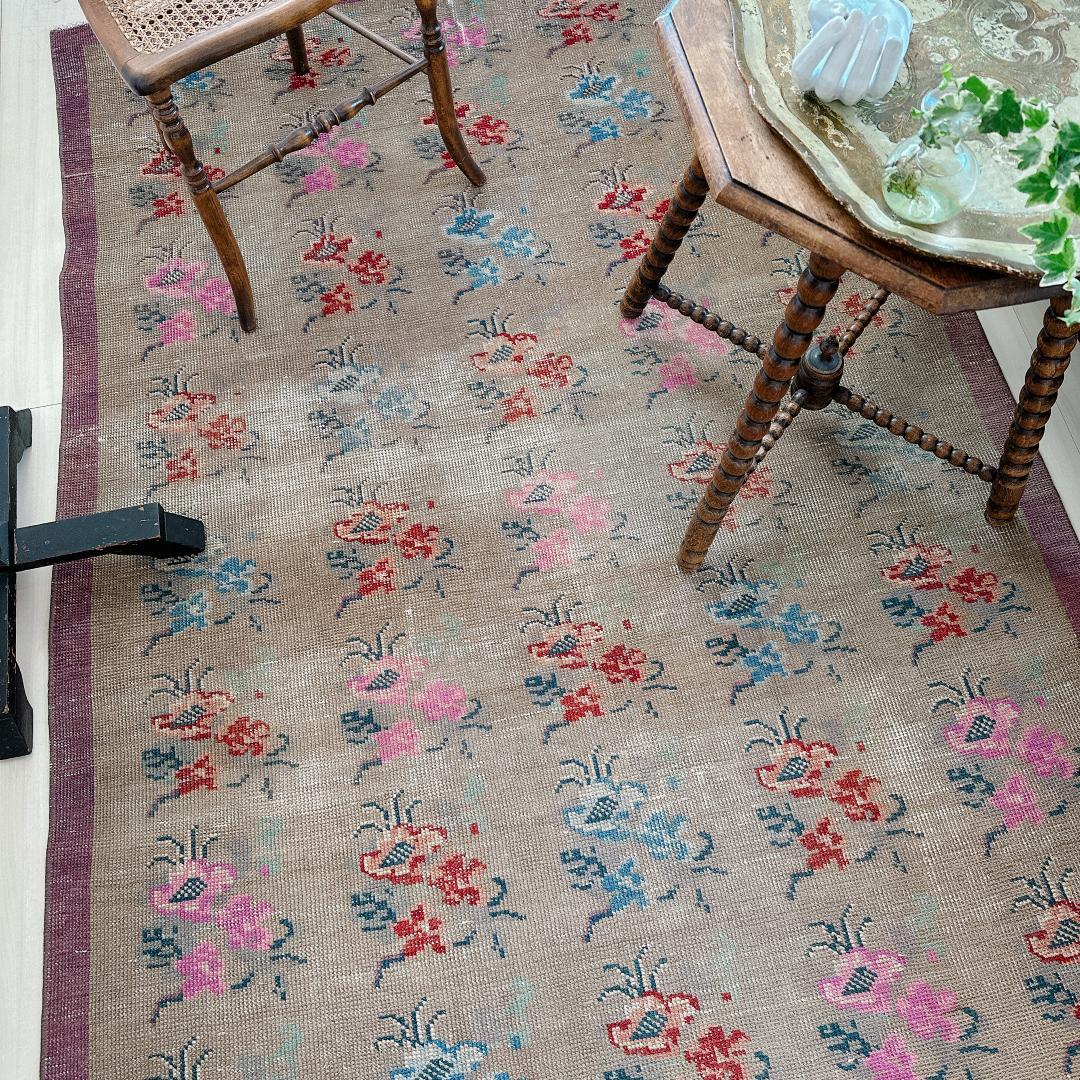 トルコヴィンテージラグ A73 大判 高級 レア グレージュ ピンク ブルー