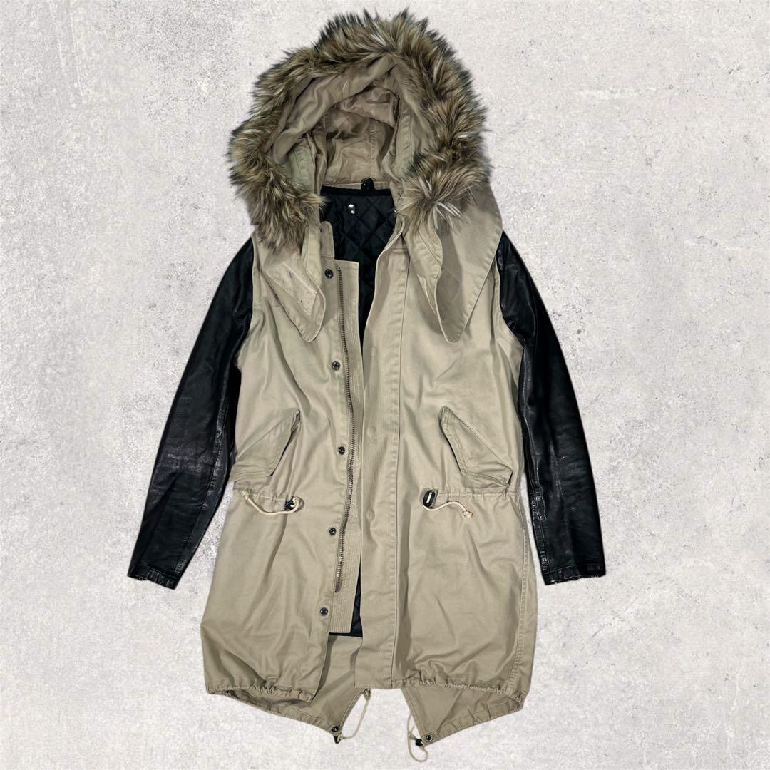 ▼クリスチャンダダ　モッズコート　レザー切替　M ライナー　ファー　Y2K 日本