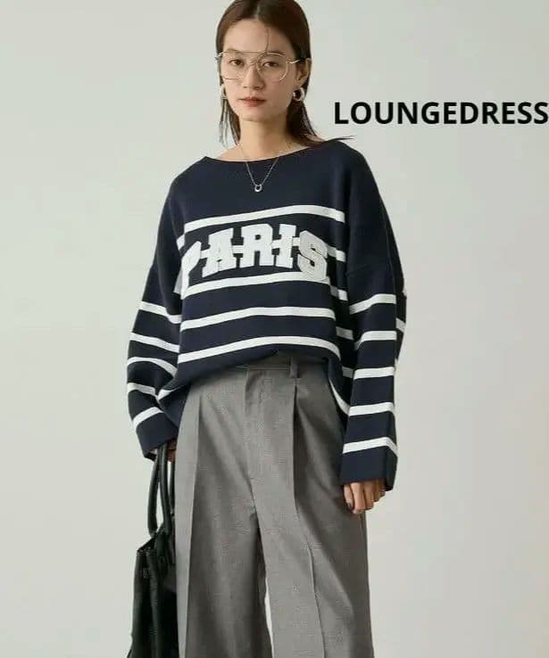 【LOUNGEDRESS】ボーダーロゴニット　ネイビー