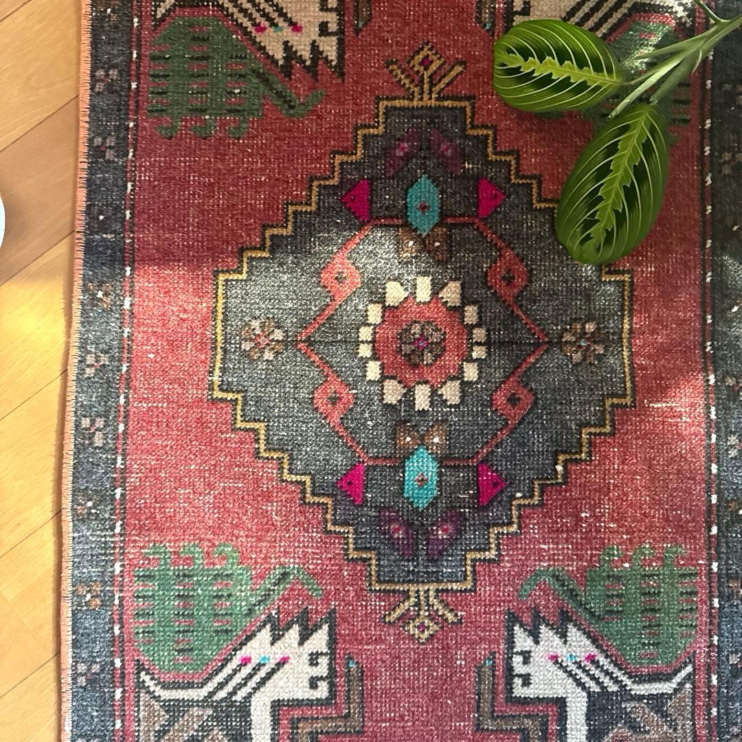 48×102 深みある赤茶色×グレイ　メダリオン　トルコヴィンテージラグ