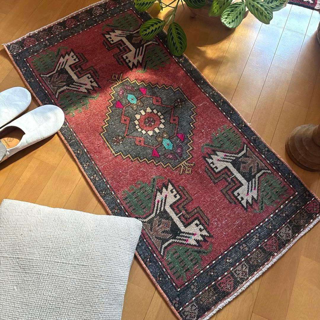 48×102 深みある赤茶色×グレイ　メダリオン　トルコヴィンテージラグ