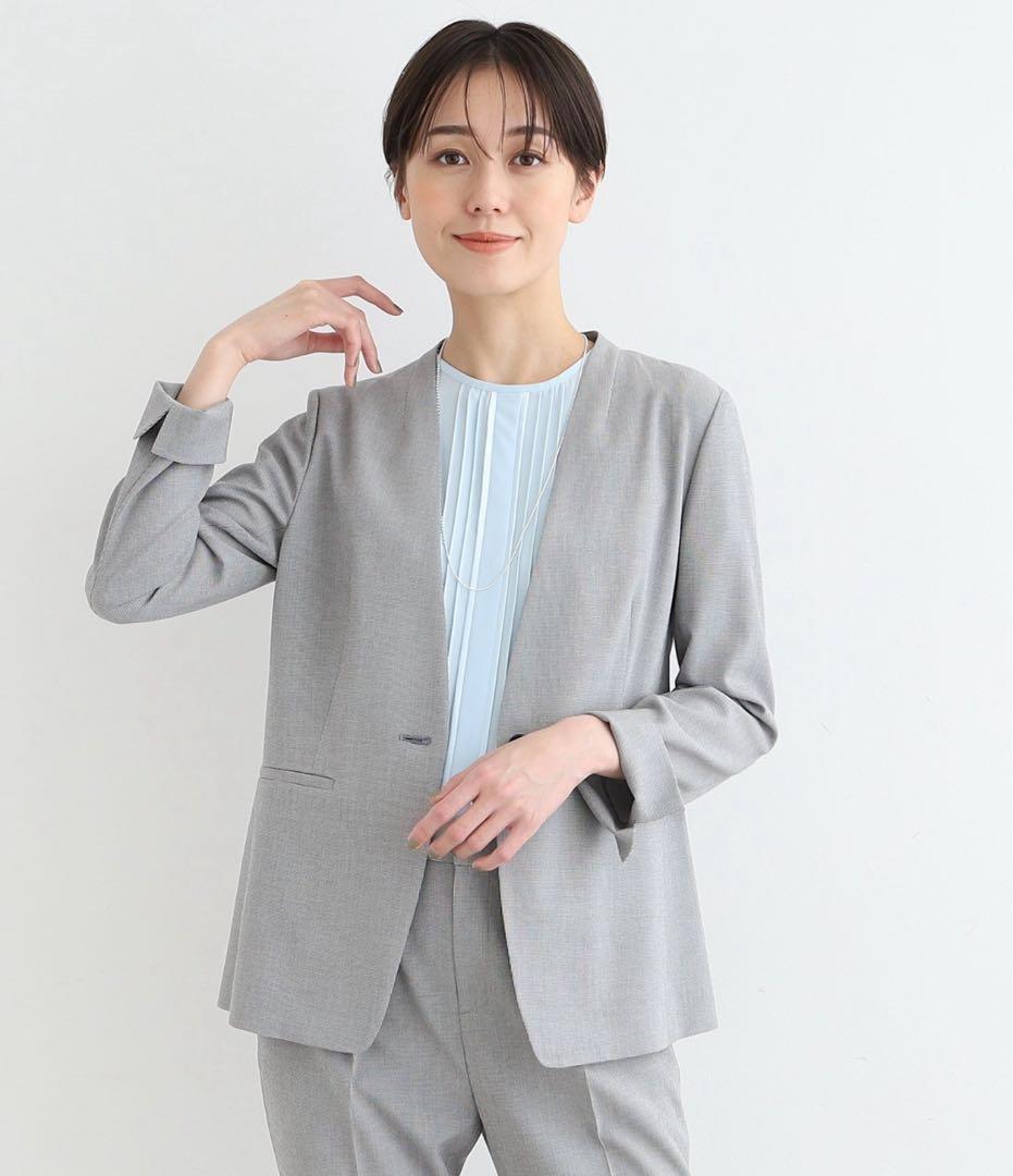 極美品 INDIVI 洗える 千鳥柄ノーカラージャケット UVケア 接触冷感LL