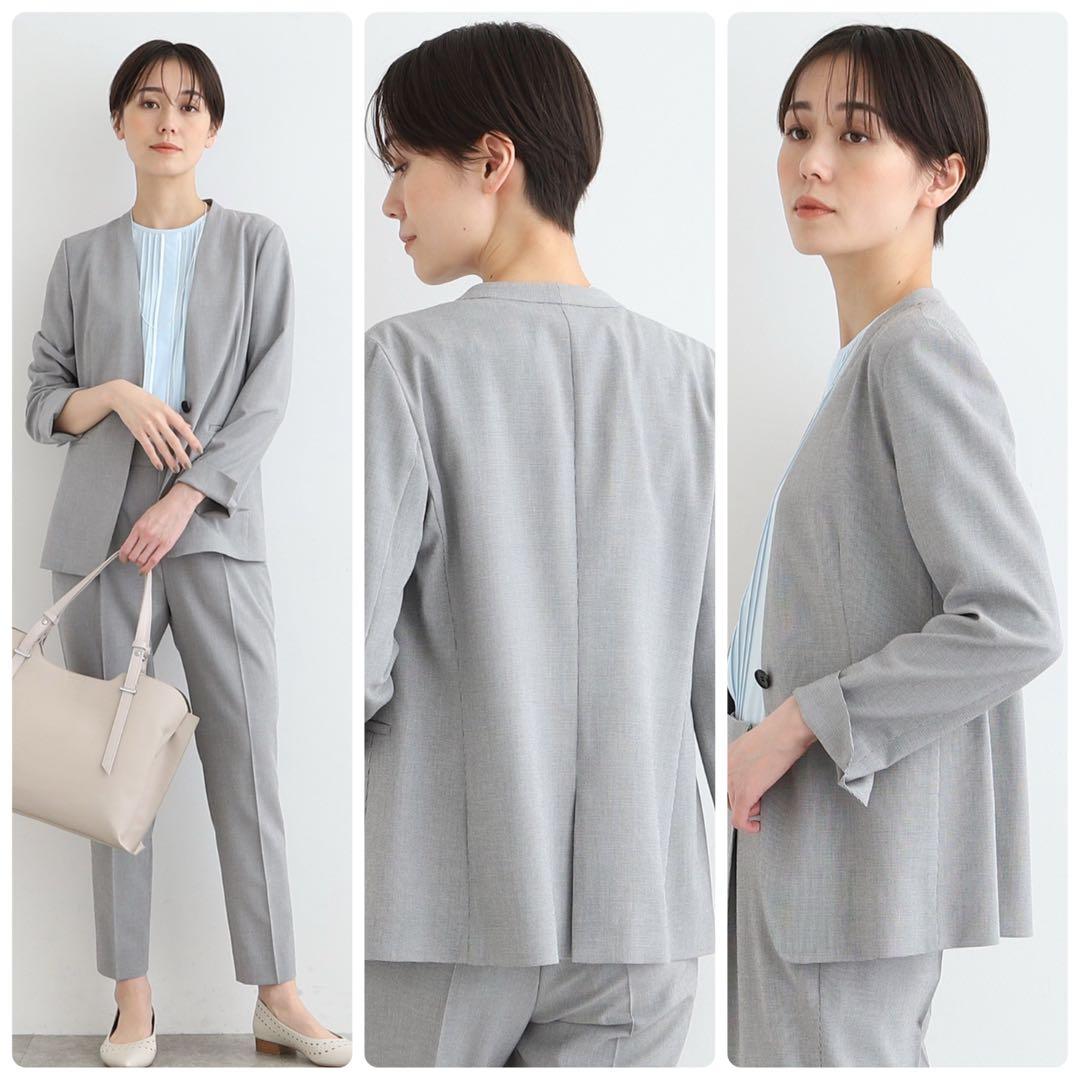 極美品 INDIVI 洗える 千鳥柄ノーカラージャケット UVケア 接触冷感LL