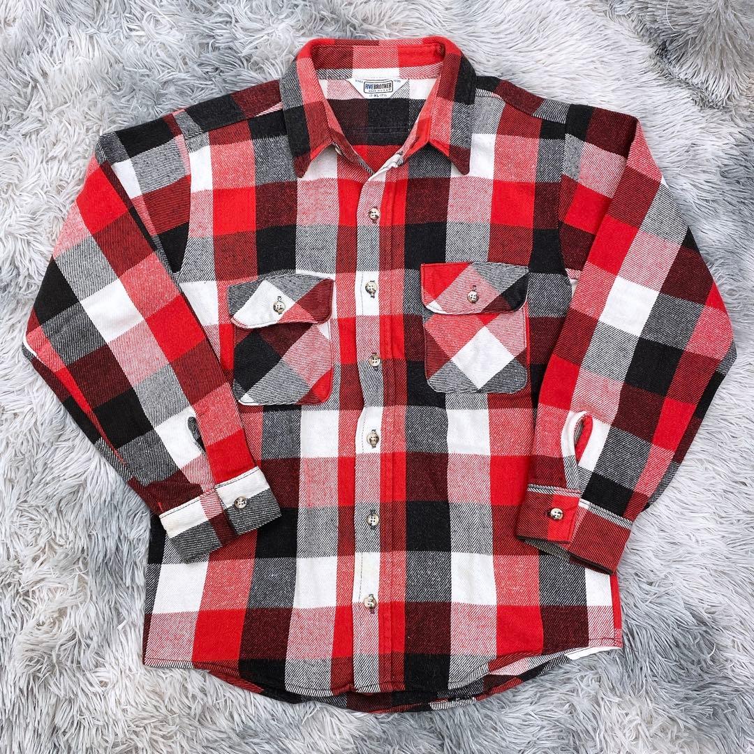 80s FIVEBROTHER ネルシャツ 赤×黒×白 USA製　XL