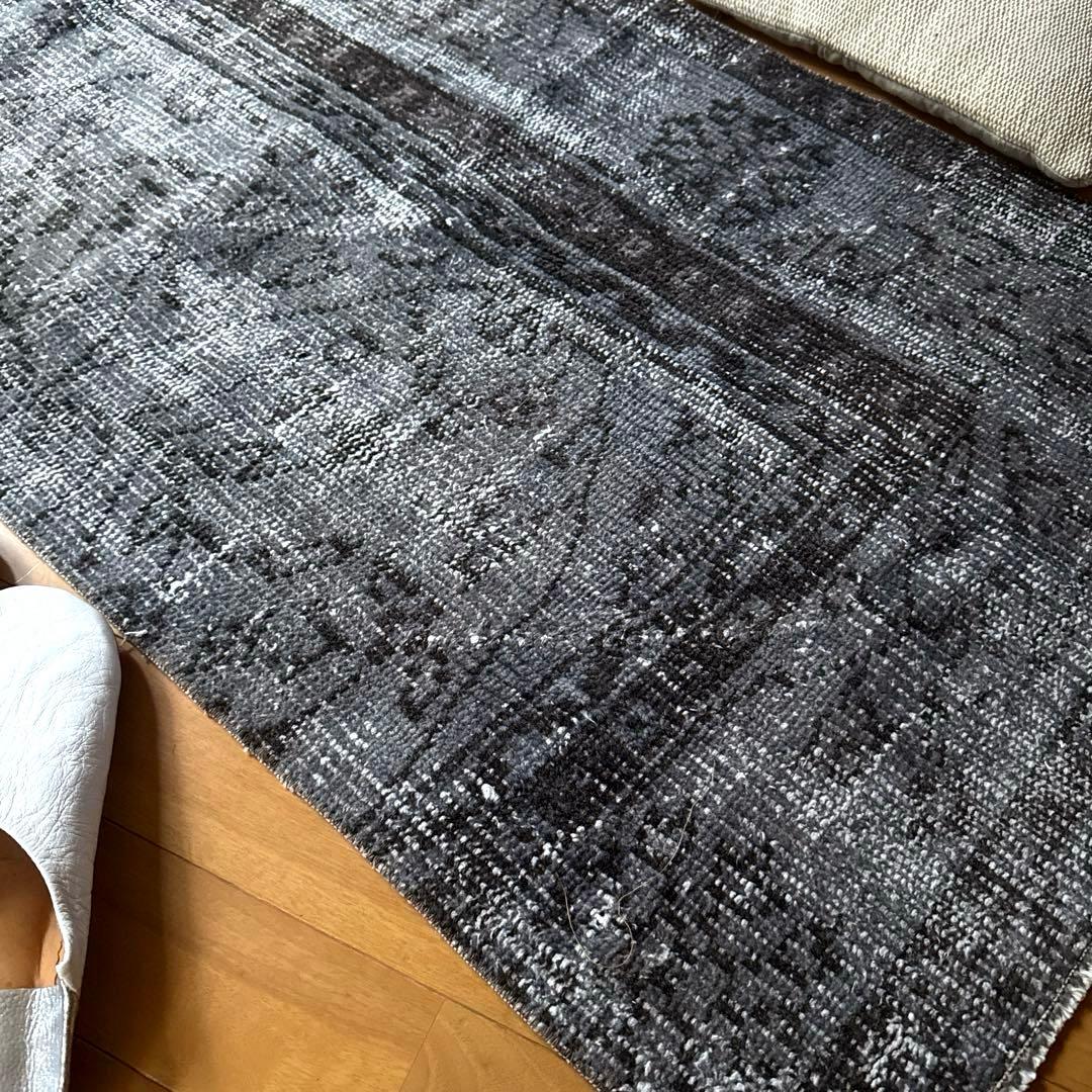 62×137.5 ダークグレイオーバーダイ　ボタニカル　トルコヴィンテージラグ