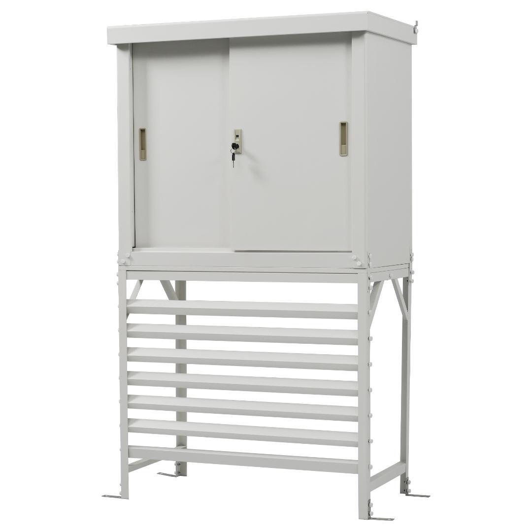 ホワイト エアコン室外機カバー 収納庫 鍵付き 日よけ 棚 収納