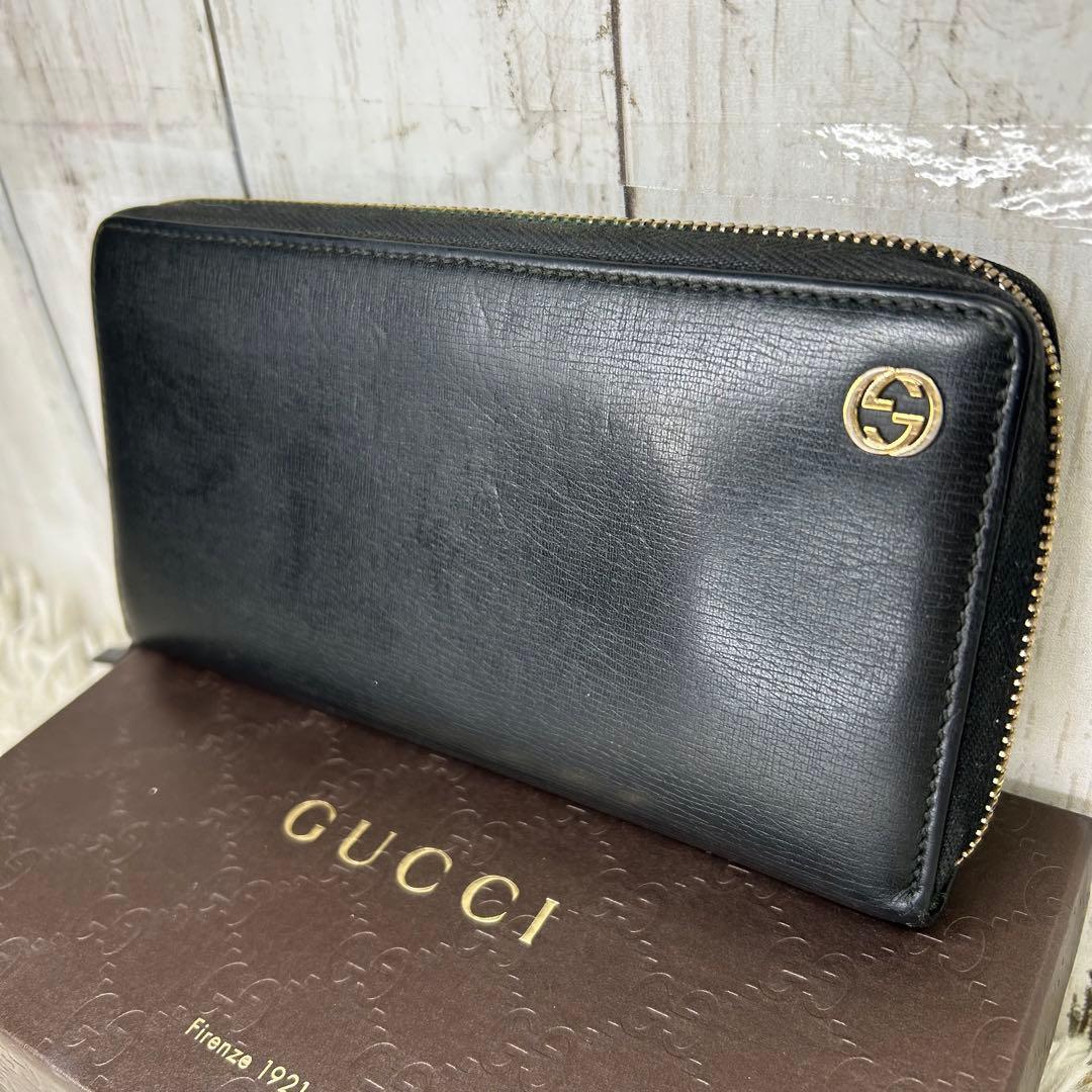 GUCCI グッチ 長財布 レザー ラウンドファスナー インターロッキング
